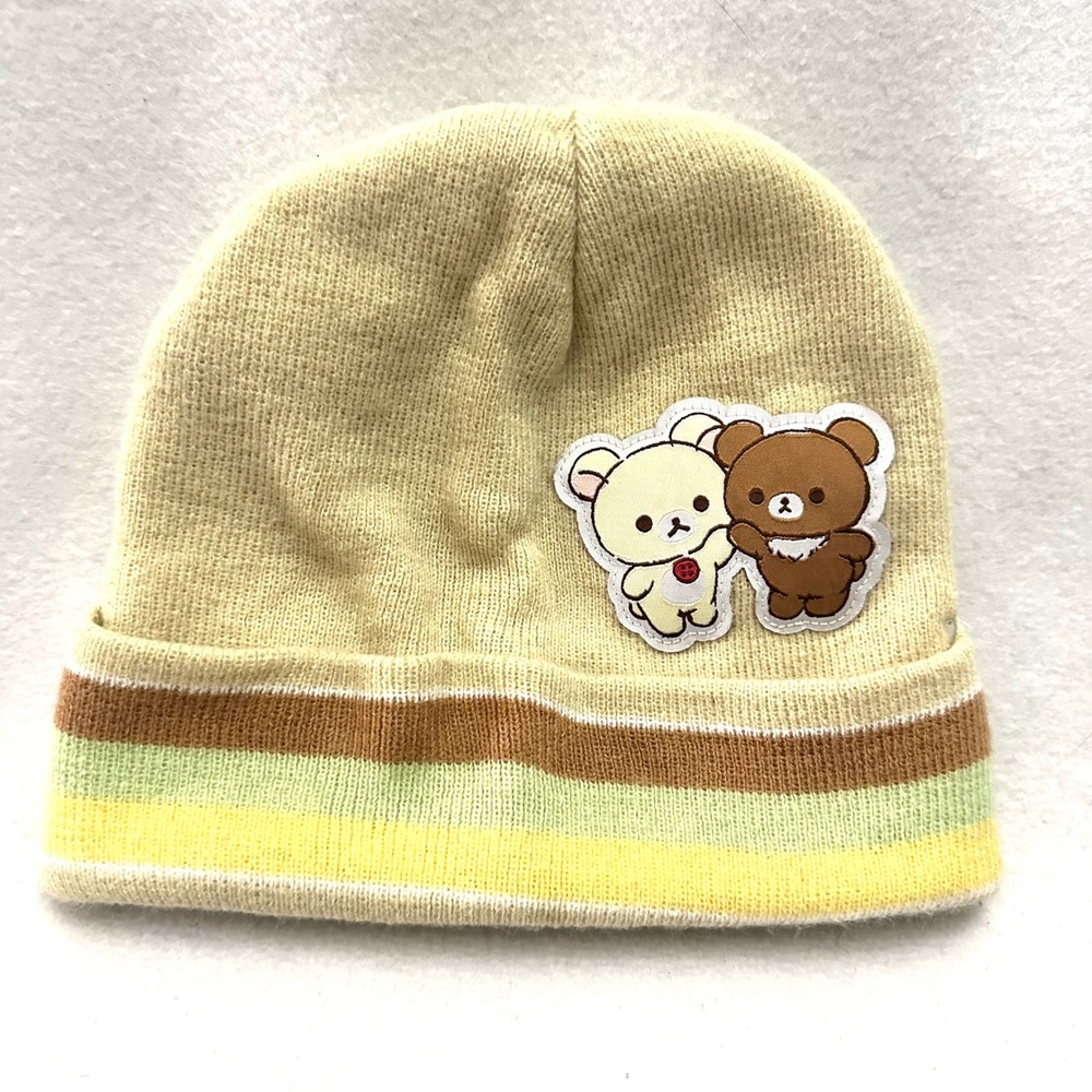 Rilakkuma San-X Cream Striped Beanie Hat Kids OSFM Korilakkuma Bear Patch 2024